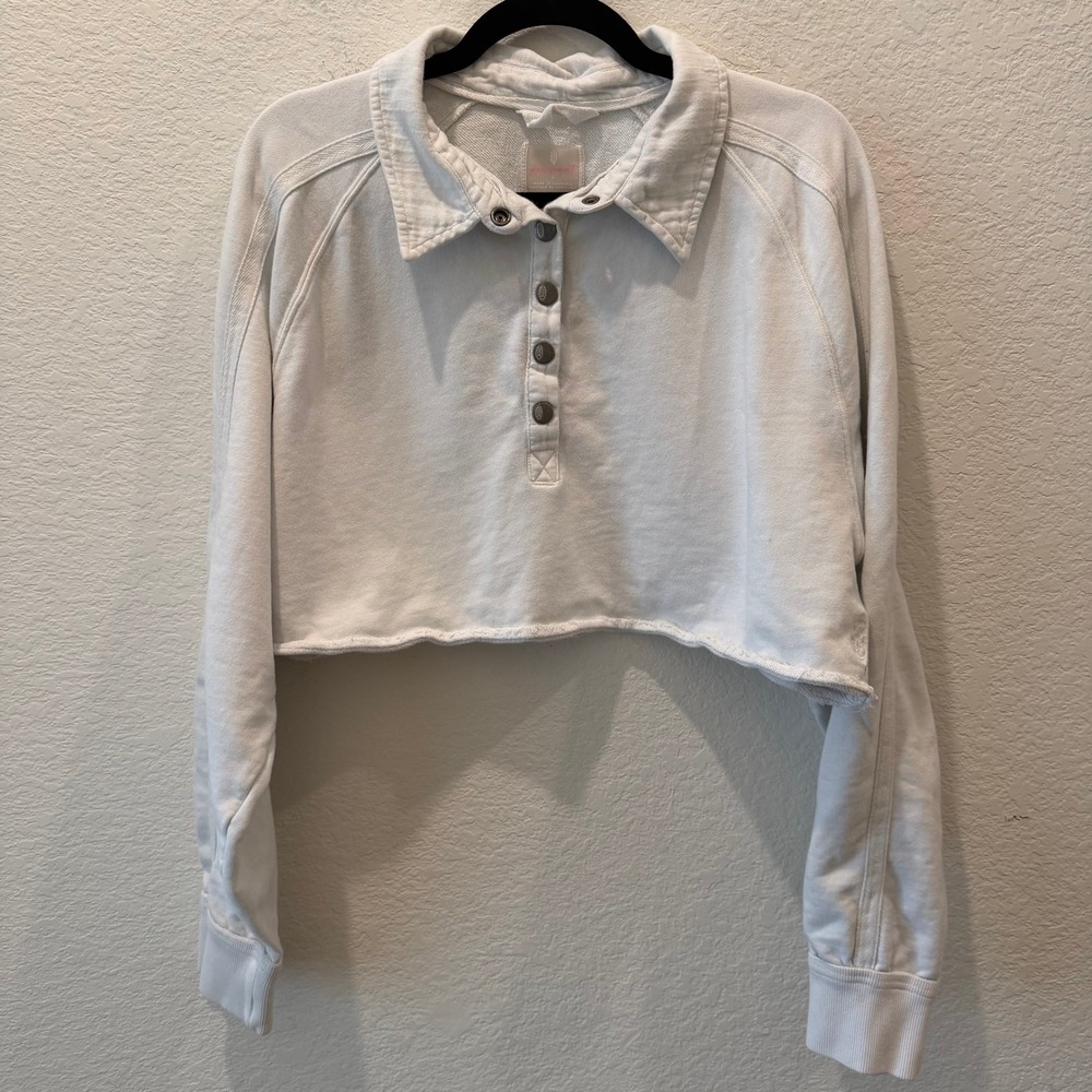 Free People FP Movement Cropped Henley Sweatshirt White Large Raw Hem Collared